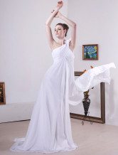 White One-shoulder Satin And Chiffon Empire Waist Wedding Dress