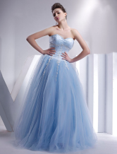 Beautiful Sky Blue Sleeveless Satin Soft Tull Floor Length Ball Gown