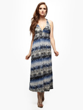 Robe longue moderne bleu Impression femmes Halter 100% coton