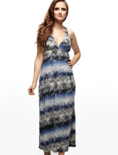 Robe longue moderne bleu Impression femmes Halter 100% coton