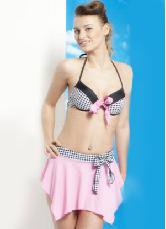Sweet Pink Polyester Skirted Swimsuit For Women