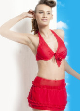 Elegant Red Polyester Gauze Halter Skirted Swimsuit For Women
