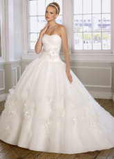 Ivory Satin Organza Sweep Applique Train Ball Gown 