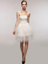 Mini Robe de livraison rapide en blanc magnifique sans bretelles en gaze avec perle  