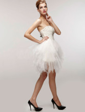 Mini Robe de livraison rapide en blanc magnifique sans bretelles en gaze avec perle  