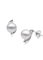 Vogue Blanc S925 7,5-8mm ronde douce Boucles d'oreilles Pearl eau pour les femmes