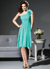 Light Sky Blue One-shoulder Chiffon A-line Shank Length Bridesmaid Dress  