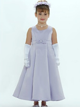 Lovely Gray Satin Sash Beaded Bow Flower Girl Dress