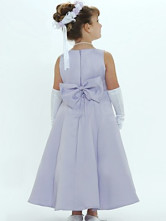 Lovely Gray Satin Sash Beaded Bow Flower Girl Dress