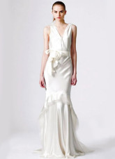 White Classical Satin V-neck A-line Celebrity Wedding Dresses
