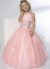 Pink A-line One-shoulder Satin Floor Length Flower Girl Dress