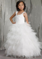 White A-line Square Satin Floor Length Flower Girl Dress