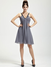 Robe de cocktail de livraison rapide en gris délicat de V-col en mousseline de soie et de longueur à genou 
 