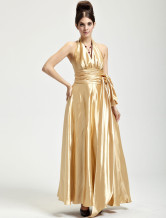 Gorgeous Golden Satin Halter Floor Length Womens Evening Dress