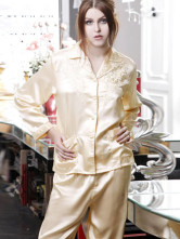 Magnificent Golden 90% Lycra 10% Silk Single-Breasted Embroidered Ladies Pajama Set