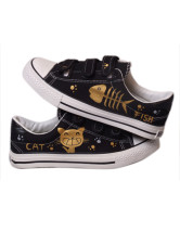 Black Cute Cat And Fish Hand-painted Rubber Sole Canvas Shoes For Women 