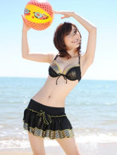 Black 82% Chinlon 18% Spandex Three-Piece Skirted Swimsuit