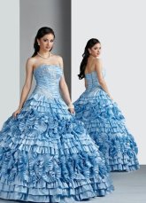 Robe de bal bleu ciel saphir en taffetas sans bretelles pour bal des finissants