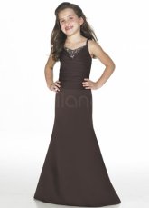 Pretty Chocolate Brown Satin Double Spaghetti Straps Floor Length Junior Bridesmaid Dress