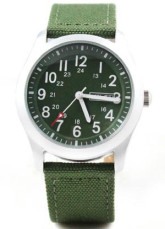 Quality Green Quartz Hardlex Crystal Case Canvas Leather Strap Splashproof Mens Watch