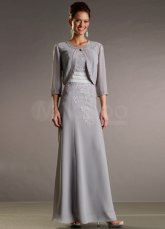 Quality Silver Chiffon Embroidered A-Line Mother of The Bride Dress