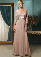 Charming Pink Chiffon V-Neck Long Sleeves Floor Length Mother of The Bride Dress
