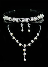 Elegant White Alloy Silver-plating Pearl Tiara Necklace Earrings Wedding Bridal Jewelry Set