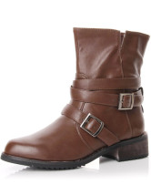 Khaki 1 2/5" Heel Buckle PU Ankle Boots For Women