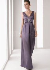 Lavender A-line V-Neck Bow Waist Floor Length Satin Evening Dresses