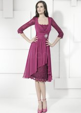 Grape Square Neck Half Sleeves Knee Length Chiffon Prom Dresses