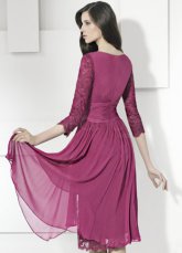 Grape Square Neck Half Sleeves Knee Length Chiffon Prom Dresses