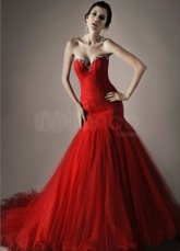 Sexy Red Net Sweetheart A-line Sweep Evening Dress