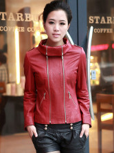 Rouge longues manches Zipper mouton blousons de cuir pour Womens