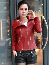 Rouge longues manches Zipper mouton blousons de cuir pour Womens