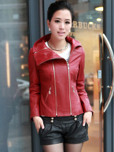 Rouge longues manches Zipper mouton blousons de cuir pour Womens