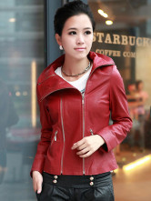 Rouge longues manches Zipper mouton blousons de cuir pour Womens