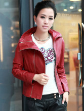 Rouge longues manches Zipper mouton blousons de cuir pour Womens