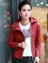 Rouge longues manches Zipper mouton blousons de cuir pour Womens