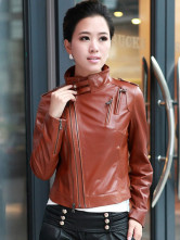 Jackets Cuir Féminins Peau de Mouton Manches Longues Col Dressé Khaki