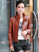 Jackets Cuir Féminins Peau de Mouton Manches Longues Col Dressé Khaki