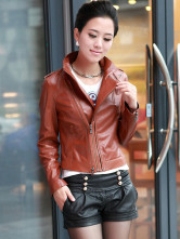 Jackets Cuir Féminins Peau de Mouton Manches Longues Col Dressé Khaki
