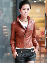 Jackets Cuir Féminins Peau de Mouton Manches Longues Col Dressé Khaki