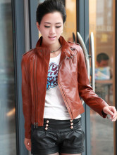 Jackets Cuir Féminins Peau de Mouton Manches Longues Col Dressé Khaki