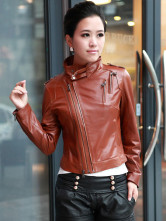 Jackets Cuir Féminins Peau de Mouton Manches Longues Col Dressé Khaki