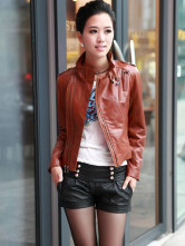 Jackets Cuir Féminins Peau de Mouton Manches Longues Col Dressé Khaki