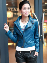 Stand bleu collerette longues manches en peau de mouton Womens blousons de cuir