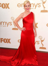 Celebrity Dresses Red One Shoulder Angela Kinsey Sweep Satin Emmy Awards Dress