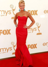 Red Greek Odile Strapless Mermaid Trumpet Floor Length Elastic Woven Satin Emmy Awards Dress
