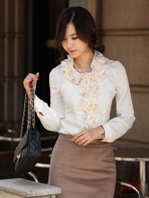 Ivoire ondulations manches longues mousseline de soie Womens Blouse