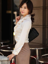Ivoire ondulations manches longues mousseline de soie Womens Blouse